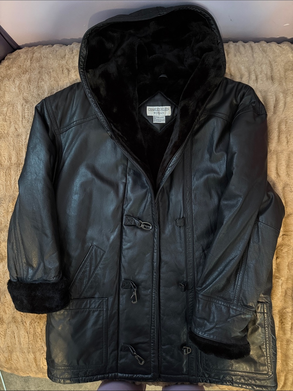 Charles Klein Black Hooded Leather Pea Coat